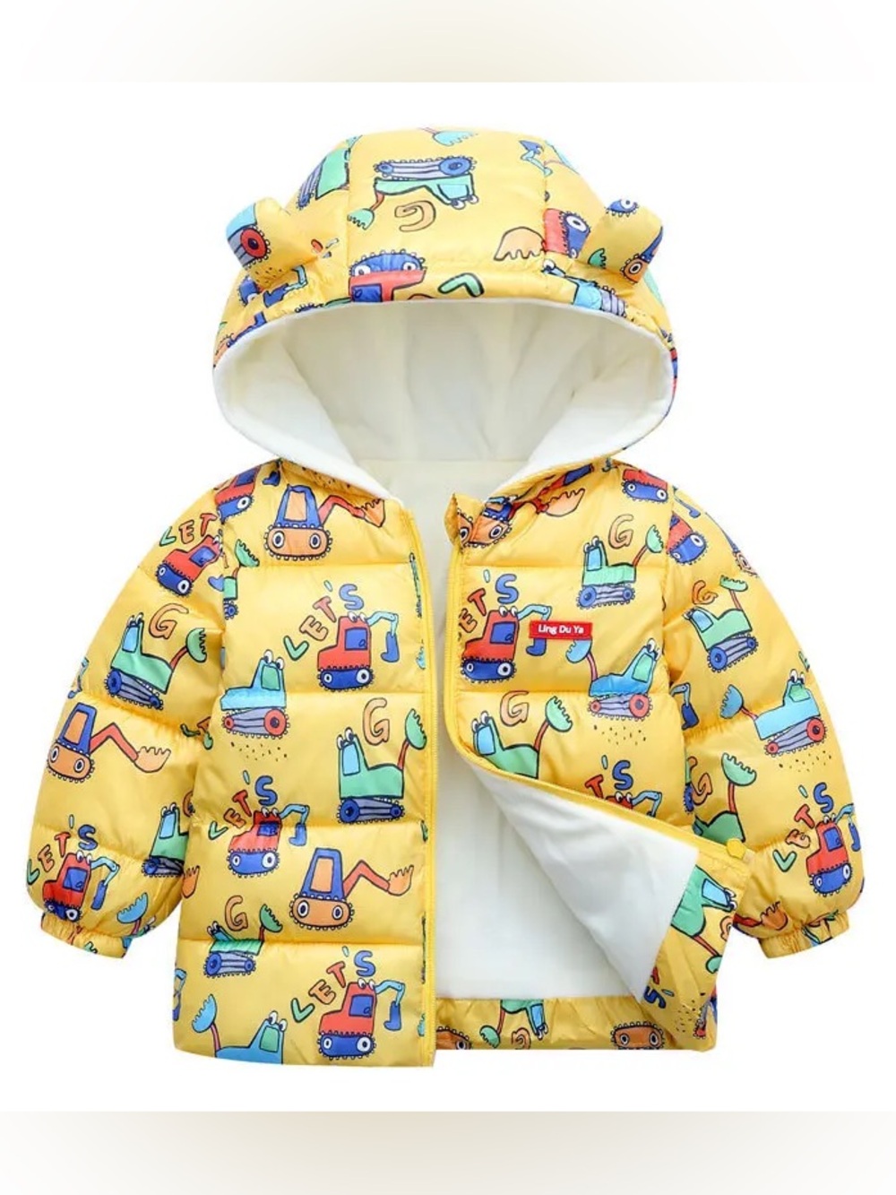 PatPat Yellow Construction Truck Puffer Jacket With Bear Ear Hood Size 100 3T-4T